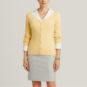 Talbots Cardigan Butter Yellow Pima Cotton 3/4 Sleeve Cable Knit Sweater